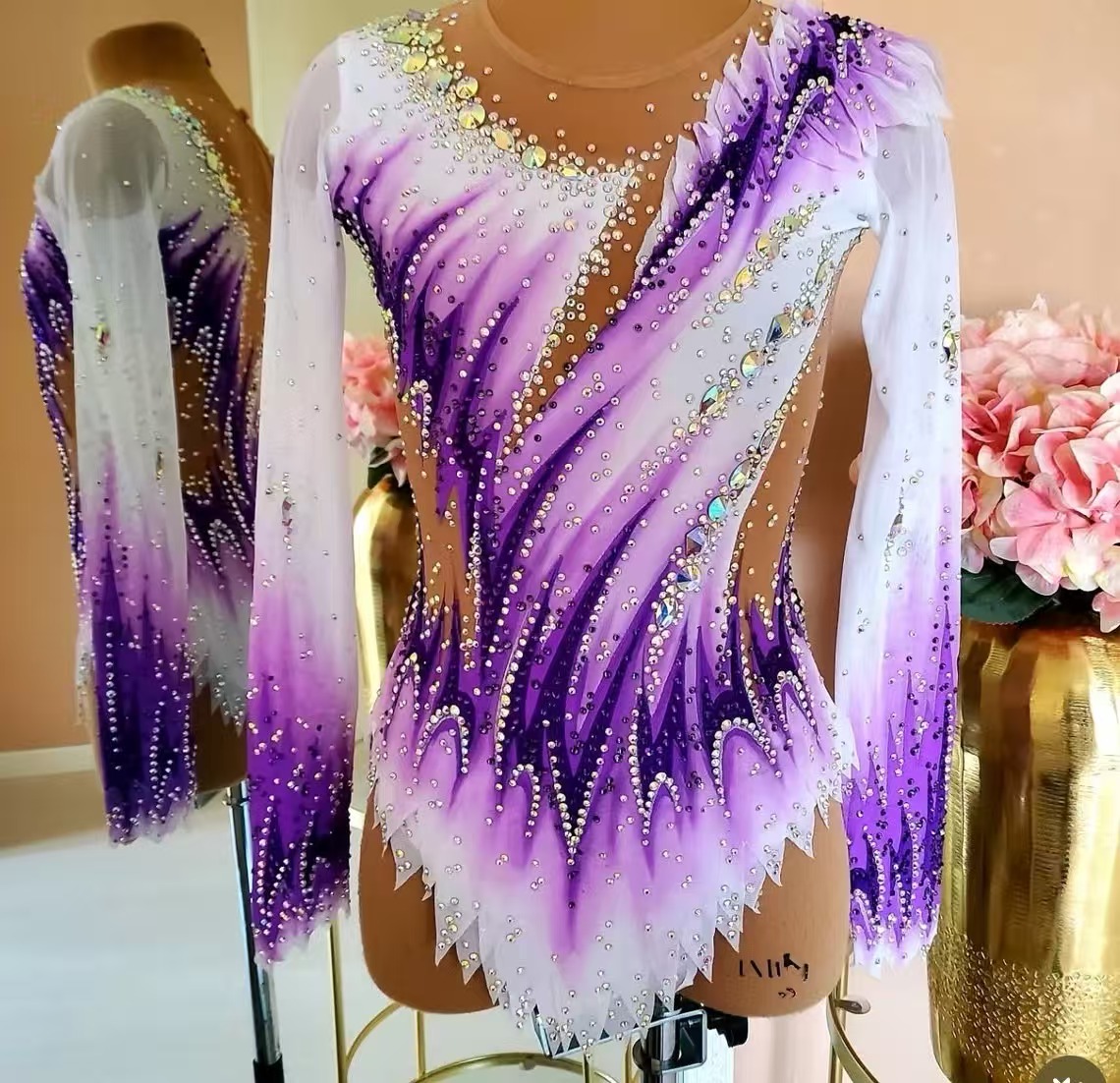 Leotard Senam Ritmik Putih Ung - Rhinestone Banding Trim ulasan dan harga